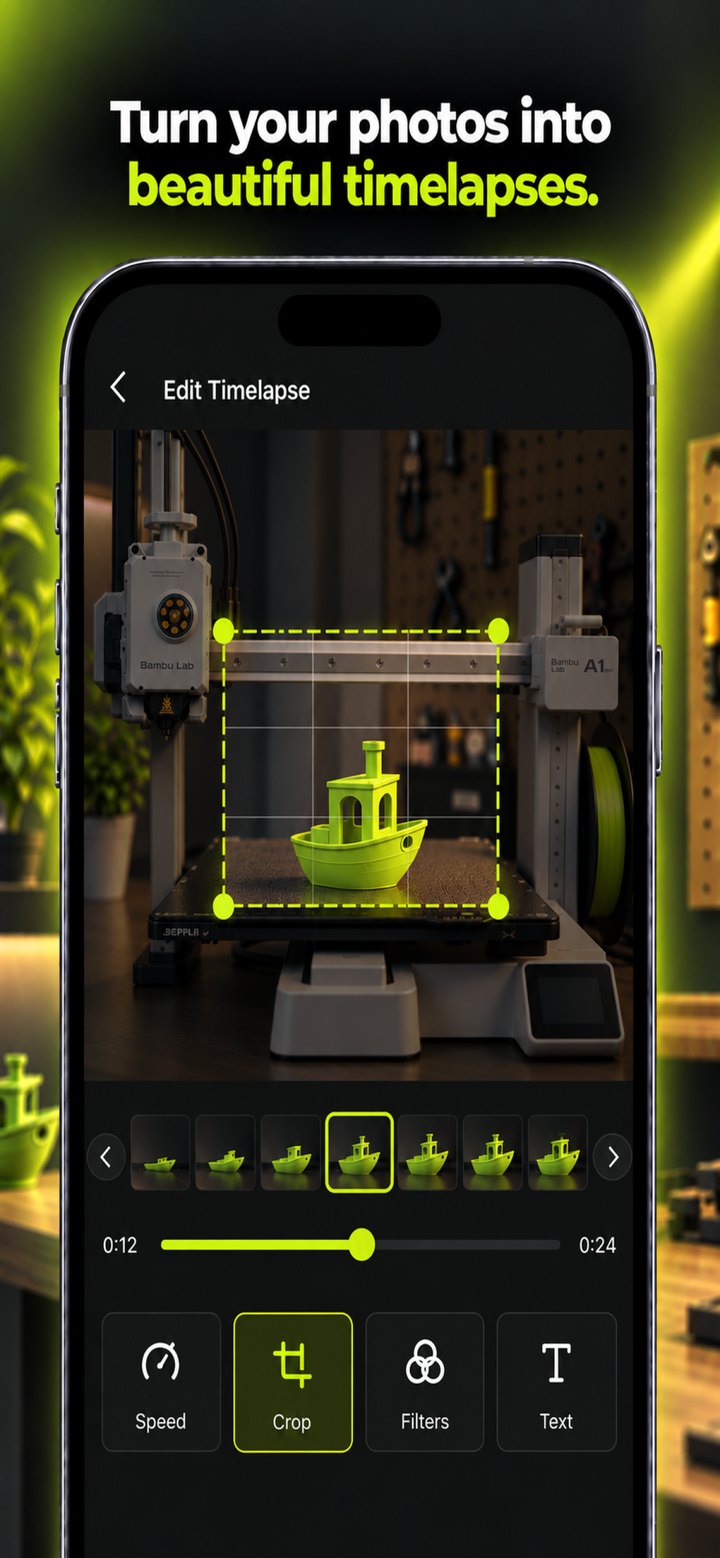 3D Printcam timelapse editor with speed, crop, filters and text tools